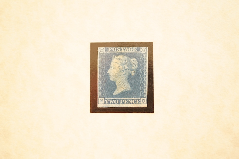 A collection of six 19th century stamps to include 1840 First Edition Two-Penny Blue, 1841 Two-Penny Blue in unused condition, 1841 used Two-Penny Blue, 1840 used Penny Black, 1841 Imperforate Penny Red and 1858-1870 Per
